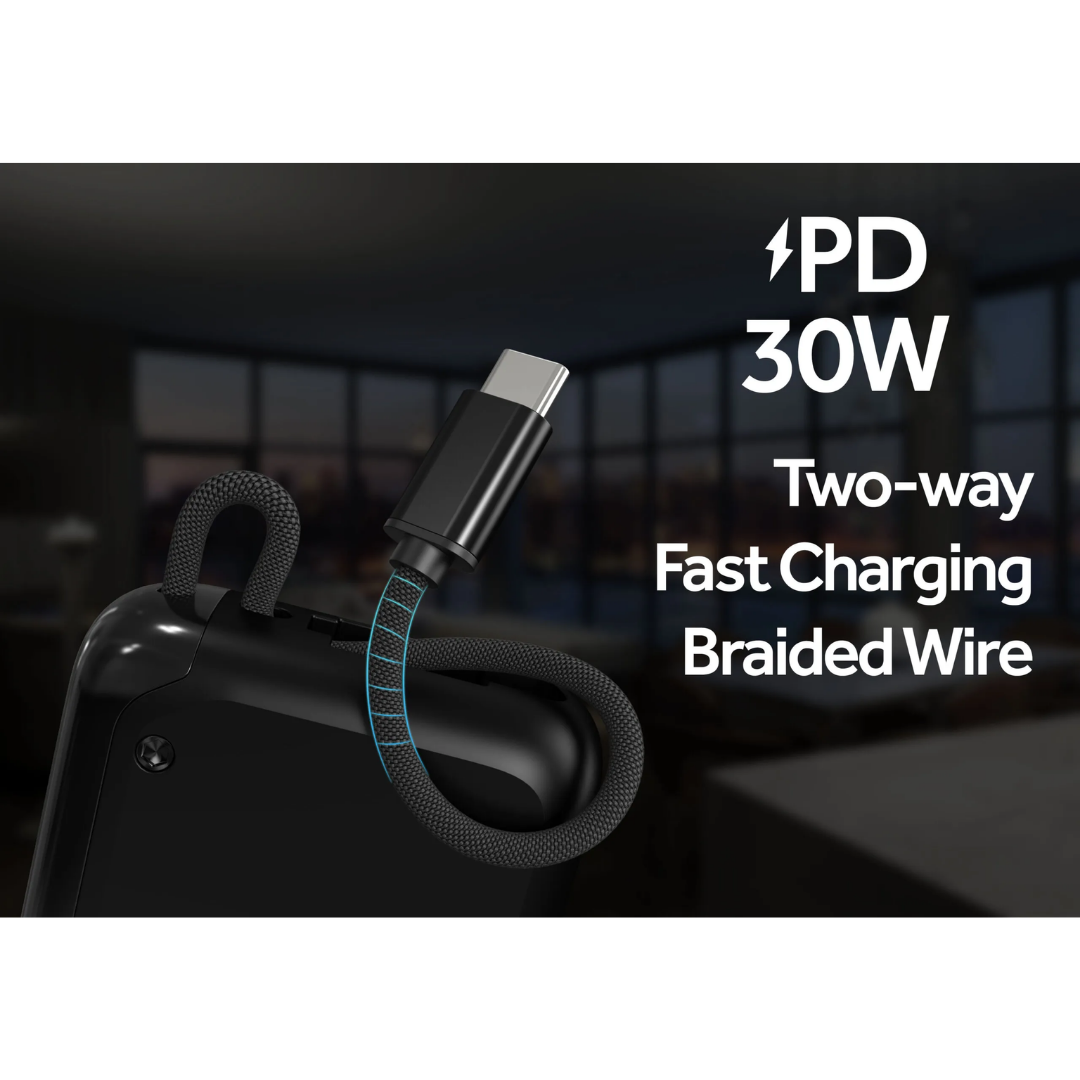 Griffin 10,000mAh power bank with built-in braided USB-C cable, 30W Power Delivery, and two-way fast charging for smartphones and devices.
