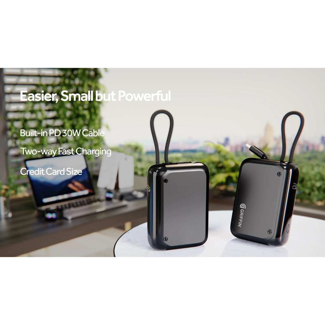 Griffin 10,000mAh portable power bank with built-in 30W USB-C cable, two-way fast charging, and compact credit card-sized design for mobile devices.