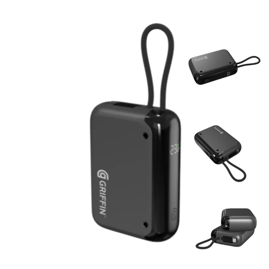 Griffin 10,000mAh compact power bank with dual USB-C ports, integrated lanyard, and portable design for fast charging smartphones and devices on the go.