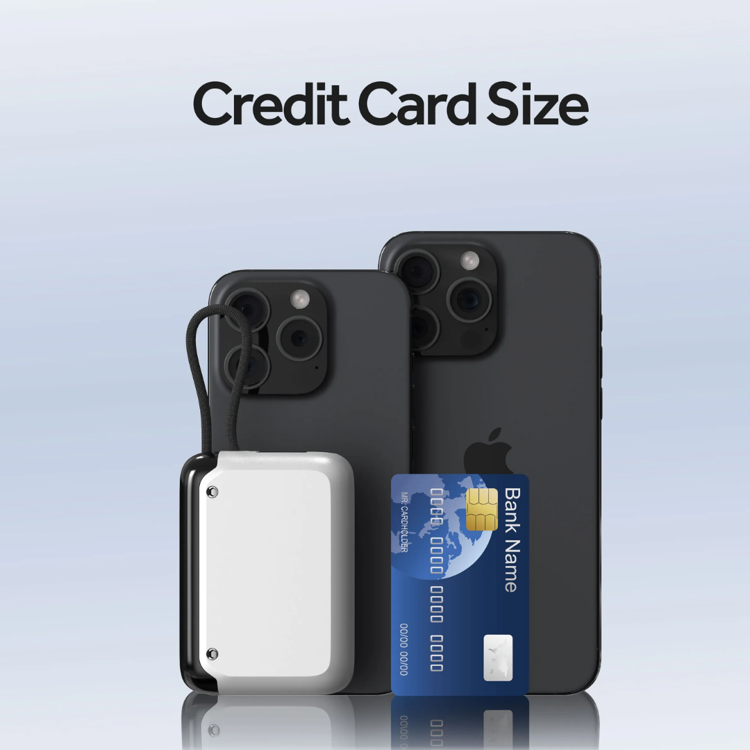 Griffin 10,000mAh compact power bank shown beside smartphones and a credit card, highlighting its portable, credit card-sized design with integrated lanyard for on-the-go charging.