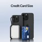 Griffin 10,000mAh compact power bank shown beside smartphones and a credit card, highlighting its portable, credit card-sized design with integrated lanyard for on-the-go charging.