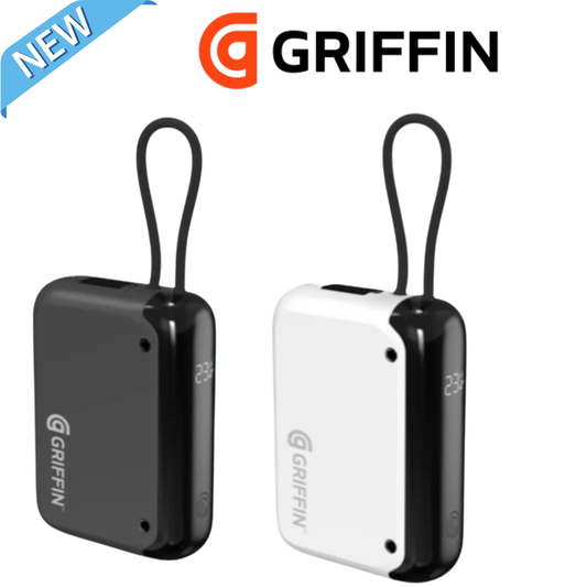 Griffin 10,000mAh portable power bank with dual USB-C outputs, compact design, and convenient lanyard for fast charging smartphones and mobile devices on the go.