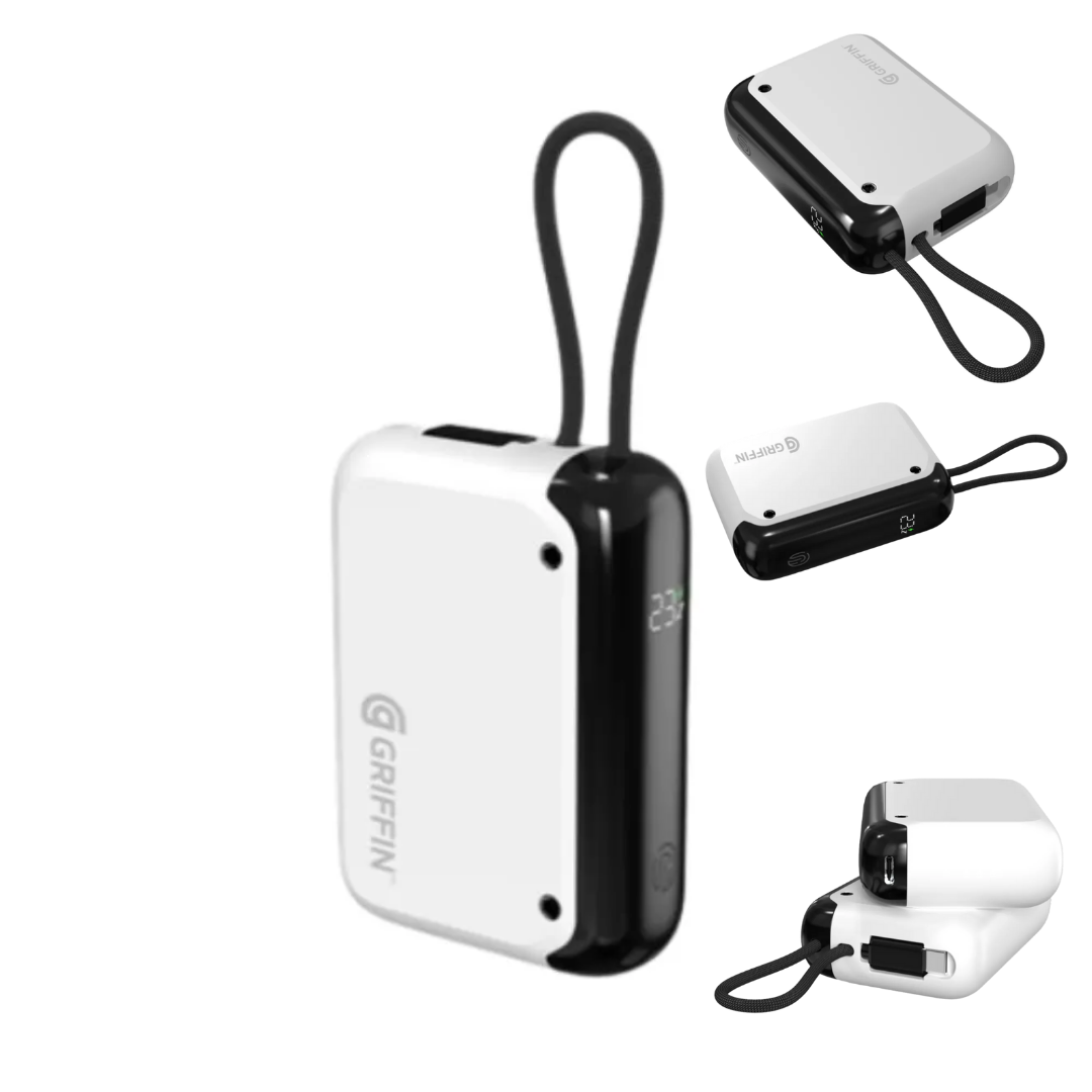 Griffin 10,000mAh portable power bank featuring dual USB-C outputs, integrated lanyard, and sleek compact design, perfect for fast charging devices on the go.
