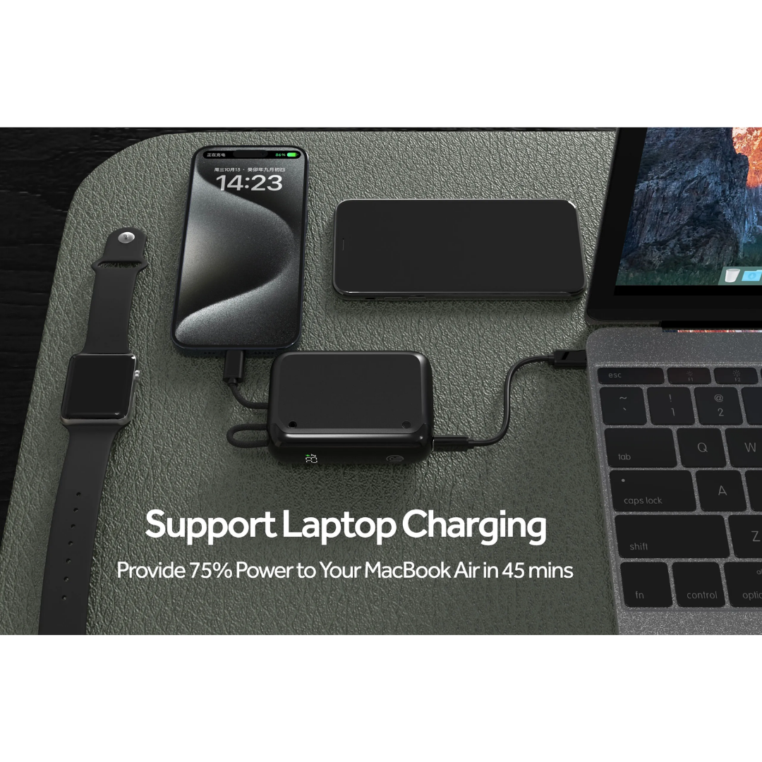 Griffin 10,000mAh portable power bank charging a MacBook Air, smartphone, and smartwatch simultaneously, demonstrating fast charging and multi-device compatibility.