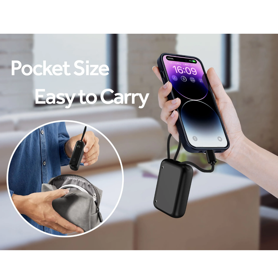 Griffin 10,000mAh portable power bank fits in hand and bag, featuring integrated lanyard and pocket-size design for easy on-the-go charging of smartphones.