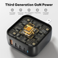 Close-up of Griffin 100W GaN third generation charger chip highlighting advanced multi-protection features including overvoltage, overcurrent, over temperature, fireproofing, and overcharge protection.