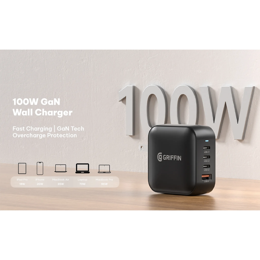Griffin 100W GaN wall charger with three USB-C and one USB-A port, supporting fast charging and overcharge protection for laptops, MacBook, iPhone, iPad, and other devices.