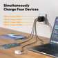 Griffin 100W GaN wall charger plugged in, simultaneously charging four devices with three USB-C and one USB-A port, showing maximum output wattages for each port.