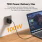 Griffin 100W GaN USB-C wall charger plugged in, delivering high-speed Power Delivery fast charging to a laptop, ideal for meetings and USB-C devices.