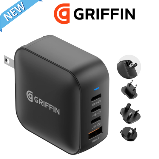 Griffin 100W GaN wall charger featuring three USB-C and one USB-A port, with interchangeable international plug adapters for fast charging up to four devices, ideal for travel and global compatibilit