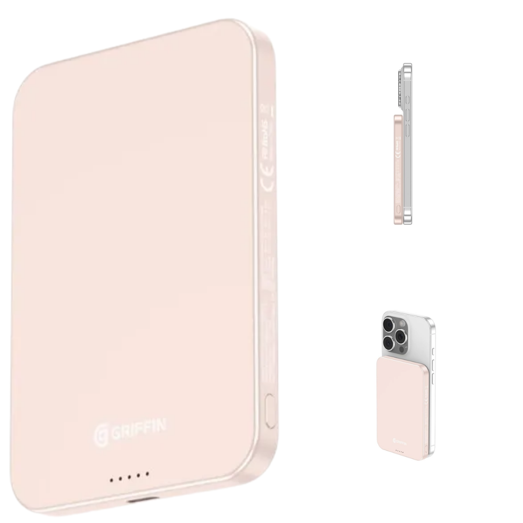 Griffin 5,000mAh slim magnetic power bank in pink, magnetically attached to a smartphone, featuring ultra-thin design and portable fast charging for devices.