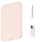 Griffin 5,000mAh slim magnetic power bank in pink, magnetically attached to a smartphone, featuring ultra-thin design and portable fast charging for devices.