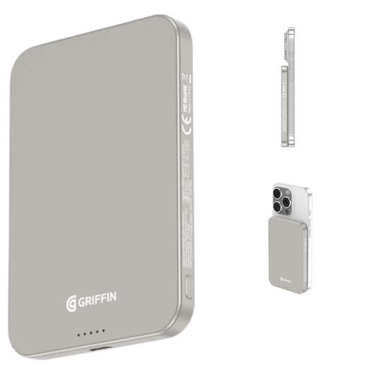 Griffin 5,000mAh slim magnetic power bank in silver, attached to the back of a smartphone for convenient portable charging, featuring ultra-thin design and LED indicators.