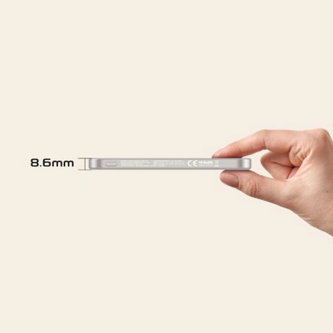 Side view of Griffin 5,000mAh ultra-slim power bank showing its 8.6mm thickness, compact design ideal for portable device charging.