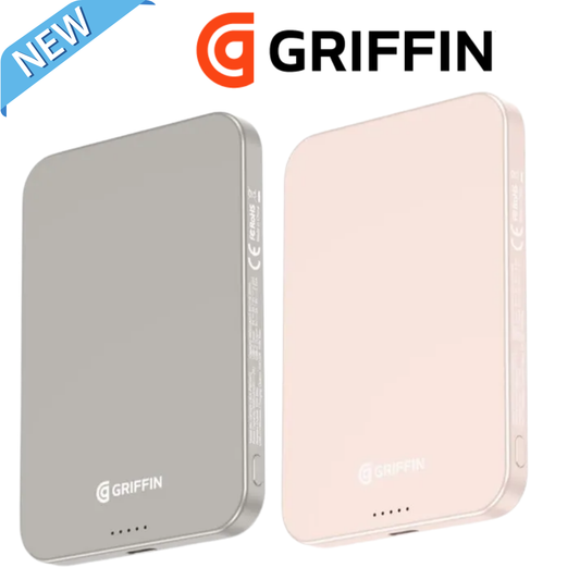 Griffin 5,000mAh PowerBrick ultra-slim magnetic power bank in silver and pink, offering 20W USB-C fast charging and 15W Qi2-certified wireless charging for smartphones and devices.