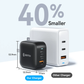 Griffin 70W GaN charger compared with a standard charger, showcasing its 40% smaller, compact design and triple port configuration for space-saving travel charging.
