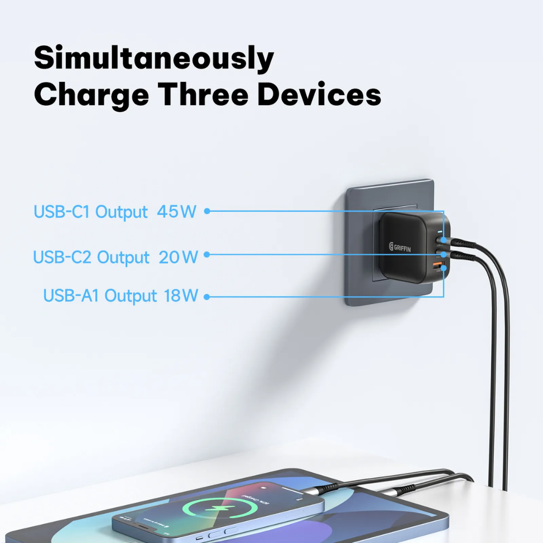 Griffin 70W GaN wall charger plugged in, simultaneously charging three devices with dual USB-C and one USB-A port, highlighting output wattages for each port.