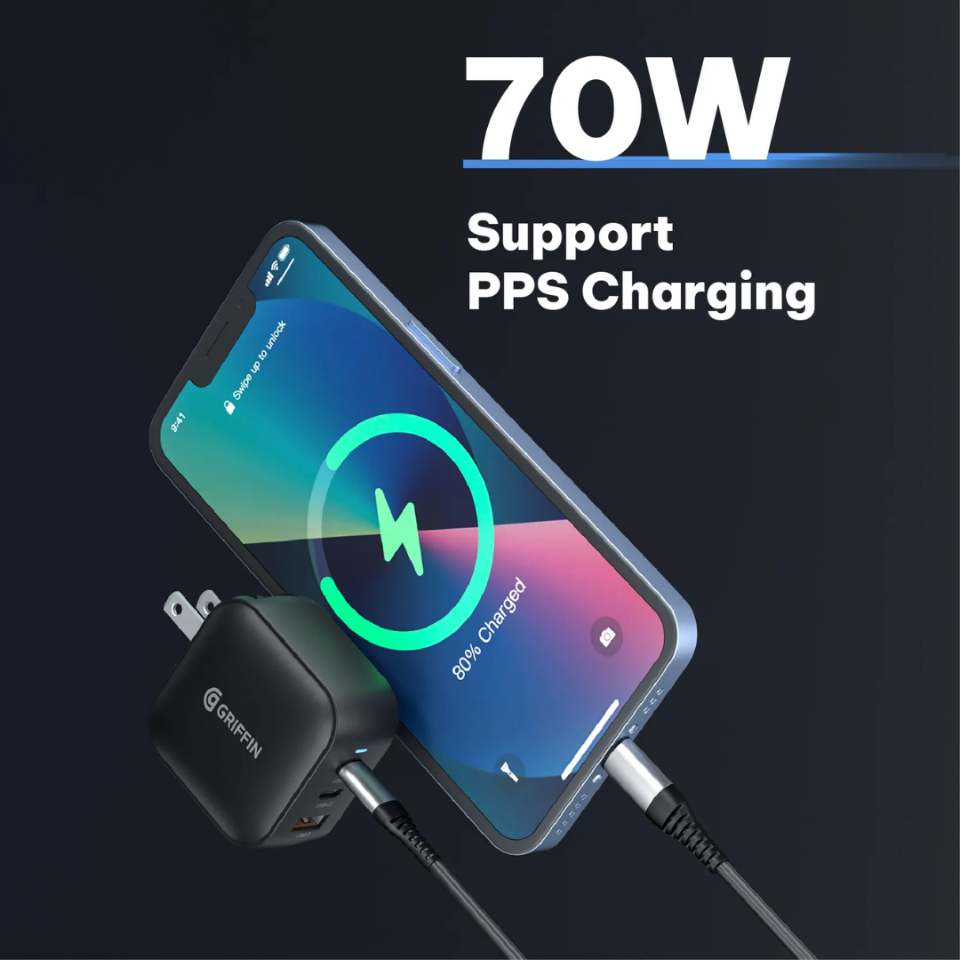 Griffin 70W GaN fast charger supporting PPS charging, charging a smartphone to 80% with a dynamic on-screen charging indicator.