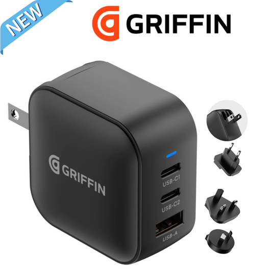 Griffin 70W GaN wall charger with dual USB-C and USB-A ports, featuring interchangeable international plug adapters for travel and fast charging devices