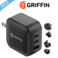 Griffin 70W GaN wall charger with dual USB-C and USB-A ports, featuring interchangeable international plug adapters for travel and fast charging devices