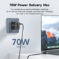 Griffin 70W GaN wall charger plugged into a power outlet, delivering fast USB-C Power Delivery to a laptop, ideal for quick and efficient device charging