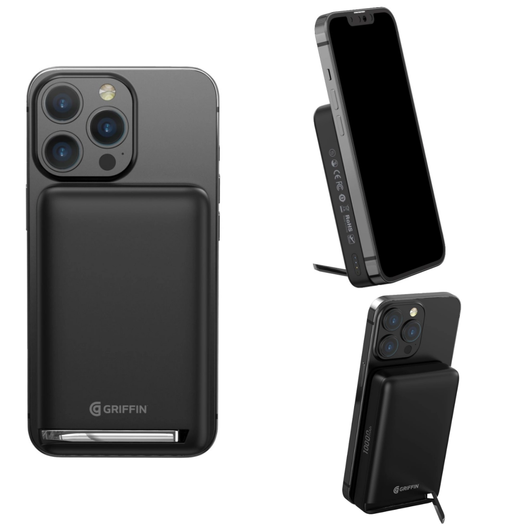 Griffin MagSafe wireless power bank attached to iPhone, portable charger with kickstand for convenient charging, 2025 model.