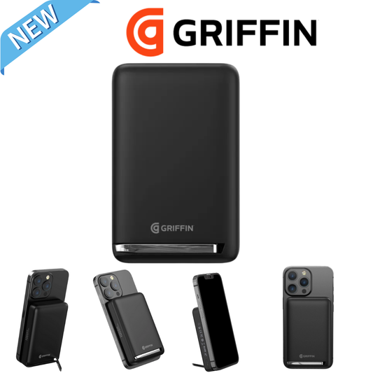 Griffin MagSafe wireless power bank charging iPhone, portable charger with stand, latest 2025 model.