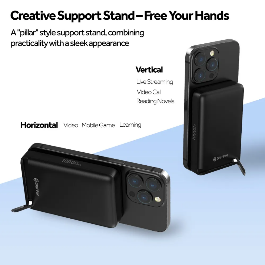 Griffin pillar-style MagSafe wireless charger with built-in support stand, attached to iPhone for hands-free use, 2025 model.