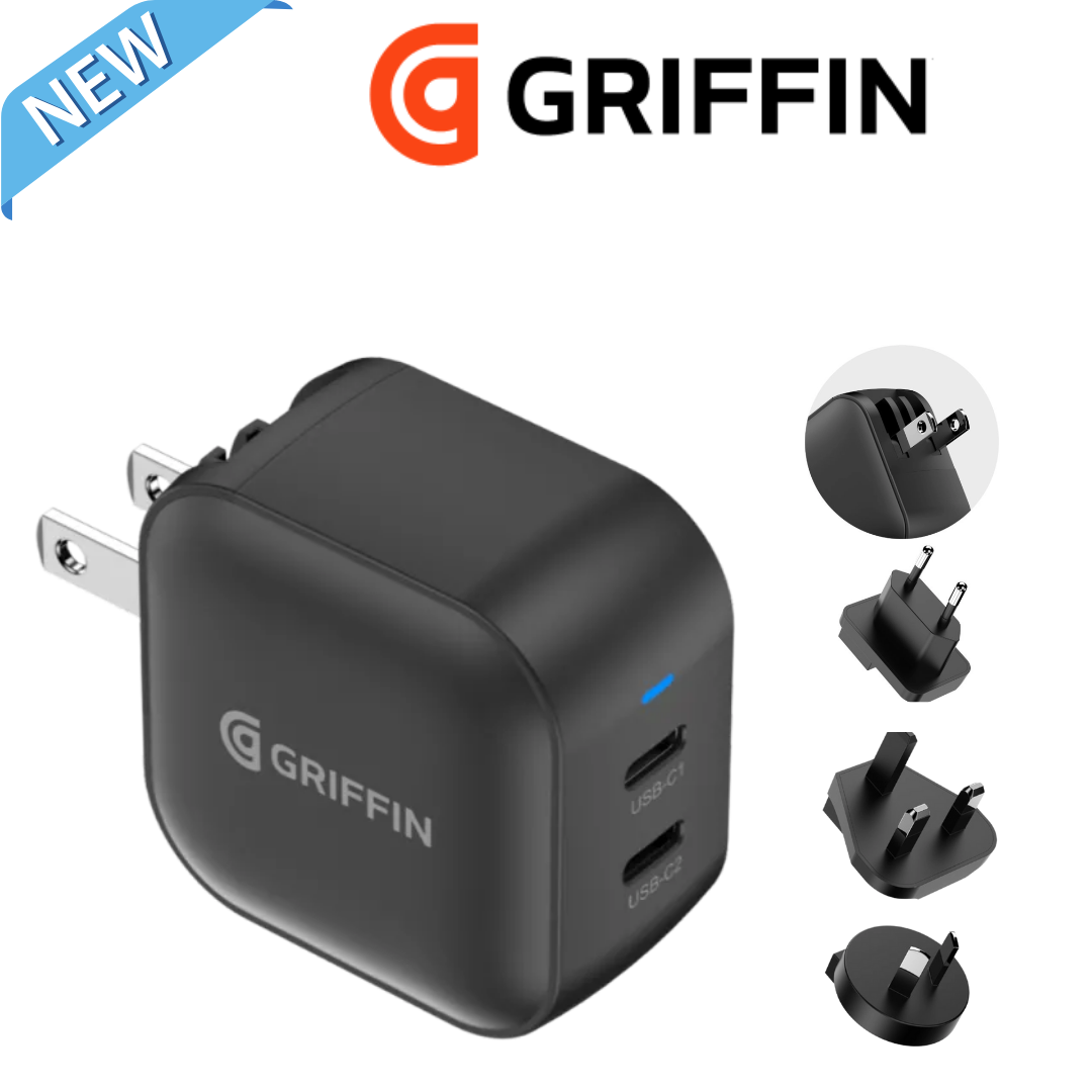 Griffin PowerBlock 48W GaN dual USB-C fast charger with international interchangeable plugs, compact travel adapter for fast charging devices.