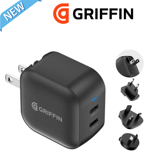 Griffin PowerBlock 48W GaN dual USB-C fast charger with international interchangeable plugs, compact travel adapter for fast charging devices.