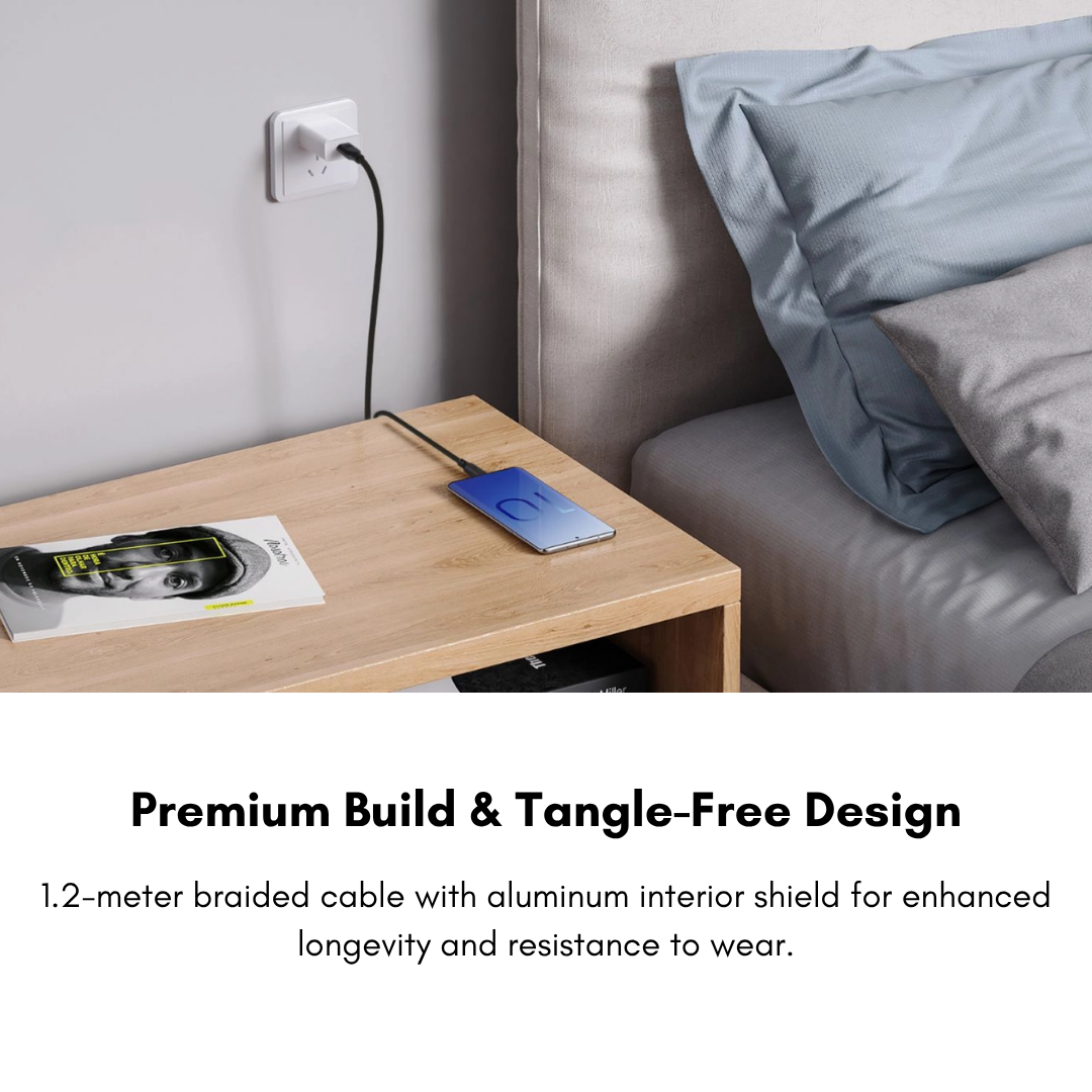 Close-up view of durable braided silicone on Griffin PowerFlex USB-C cable