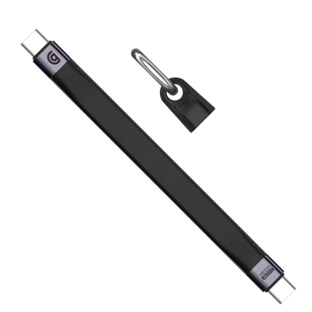 Griffin PowerFlex USB 4.0 Thunderbolt 4 cable in sleek black color with USB-C connectors and included keychain cap, designed for fast charging and data transfer.