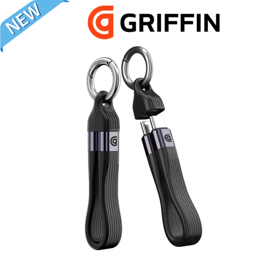 Griffin PowerFlex USB 4.0 Thunderbolt 4 cable in black keychain design with attached metal ring, compact and portable for fast charging and data transfer.