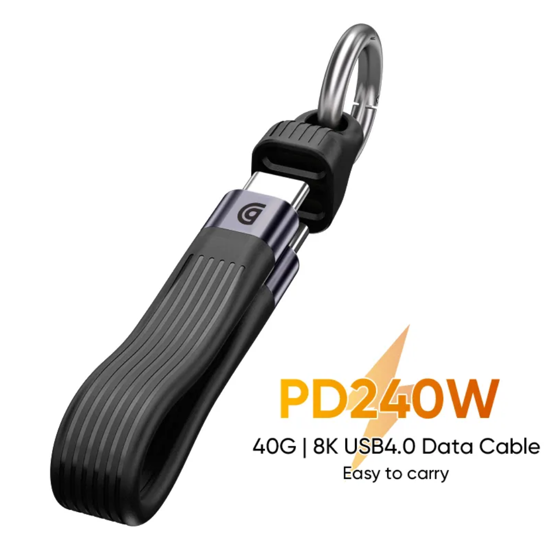 Griffin PowerFlex USB 4.0 Thunderbolt 4 keychain cable in black featuring USB-C connectors, 240W fast charging, 40Gbps data transfer, and portable design.