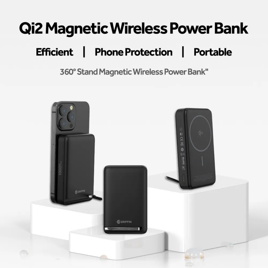 Griffin Qi2 magnetic wireless power bank with 360-degree stand, attached to iPhone, efficient and portable charger for phone protection, 2025 model.