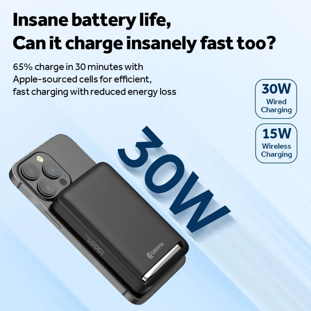 Griffin Qi2 MagSafe 10,000mAh power bank magnetically attached to iPhone, displaying 30W fast wired and 15W wireless charging, 2025 model.