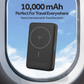 Griffin Qi2 MagSafe 10,000mAh power bank floating by airplane window, wireless charger approved for international air travel, 2025 model.