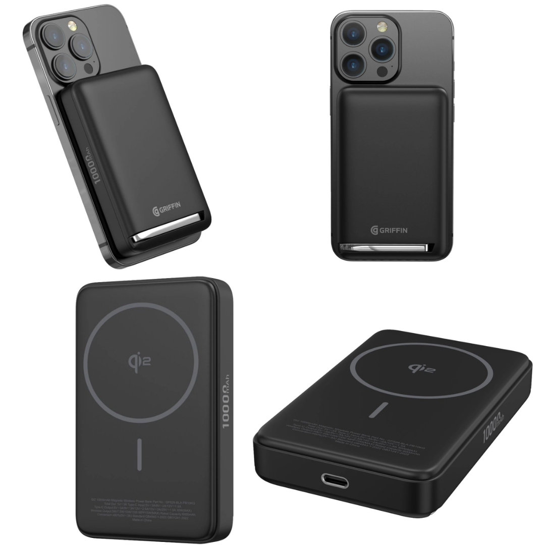 Griffin Qi2 MagSafe 10,000mAh power bank attached to iPhone, featuring wireless magnetic charging, USB-C port, and built-in kickstand, 2025 model