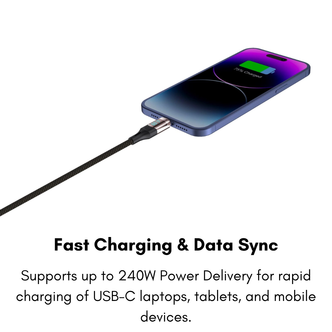Griffin USB-C fast charging cable connected to smartphone, supporting up to 240W Power Delivery for rapid charging and data sync of laptops, tablets, and mobile devices
