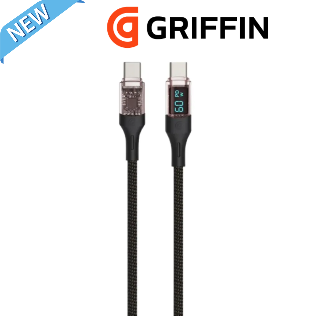 Griffin USB-C to USB-C braided fast charging cable with 60W LED power display for laptops, tablets and smartphones