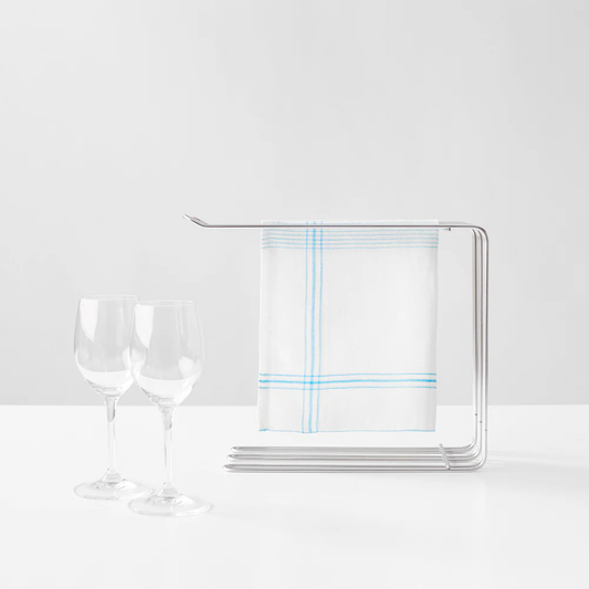 Hanauta stainless steel kitchen rack hanger displayed with a drying towel and wine glasses, space-saving sink organiser for kitchen essentials.