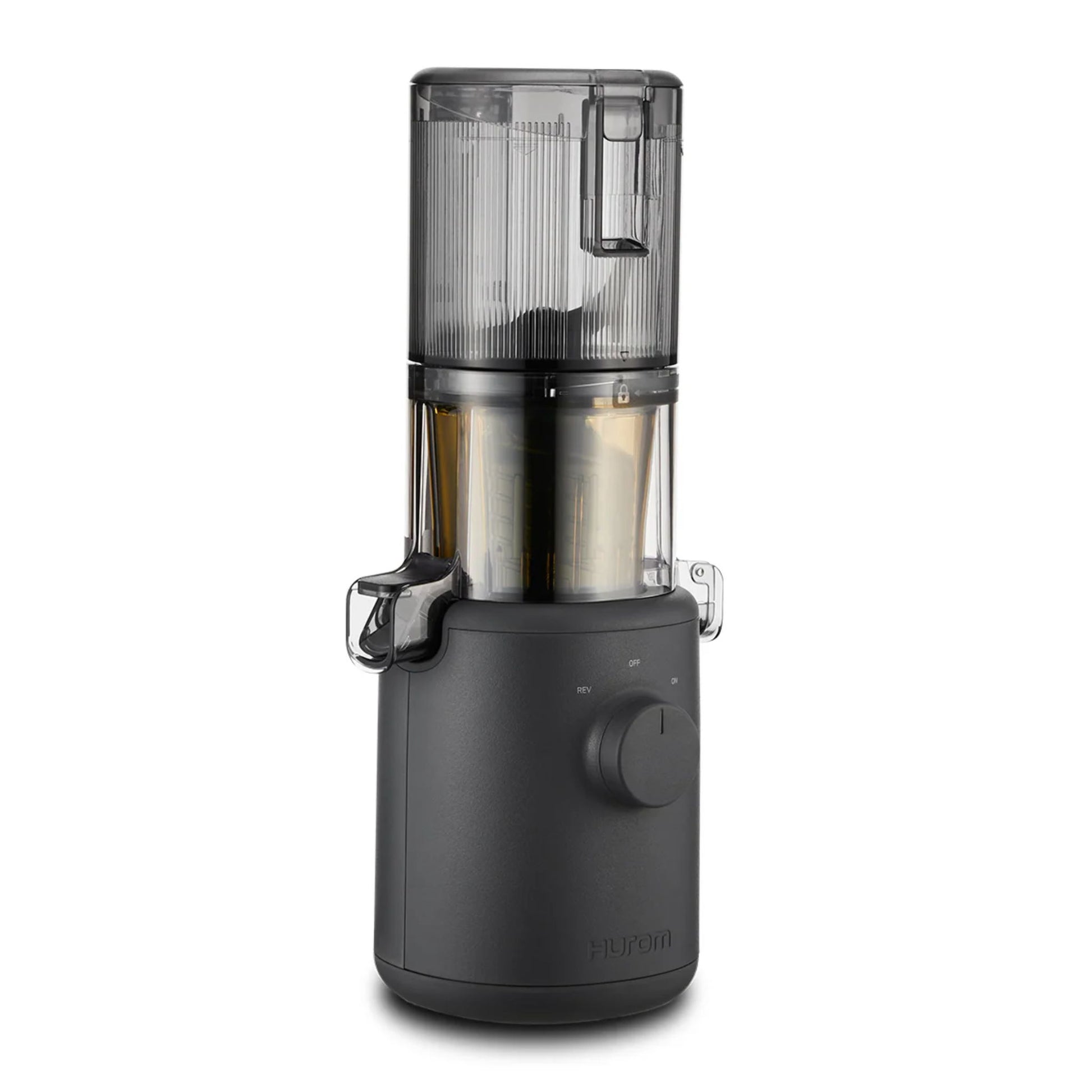 Hurom H310A Slow Juicer black compact model, modern BPA-free juicer with intuitive dial, front product view