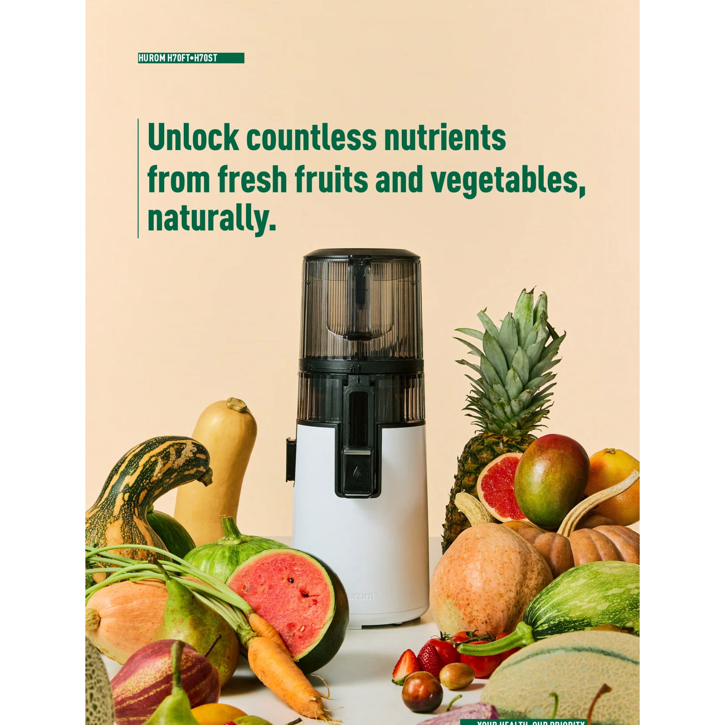 Hurom H410 Easy Series slow juicer surrounded by assorted fresh fruits and vegetables with tagline about unlocking natural nutrients.