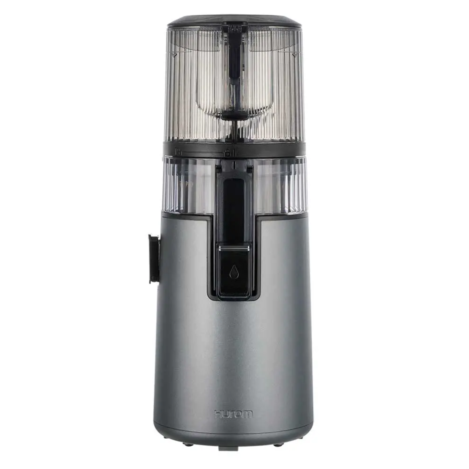 Front view of Hurom H410 Easy Series slow juicer in grey, sleek compact vertical cold press juicer for modern kitchen countertops.