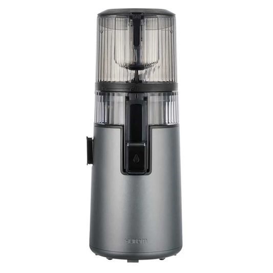 Front view of Hurom H410 Easy Series slow juicer in grey, sleek compact vertical cold press juicer for modern kitchen countertops.