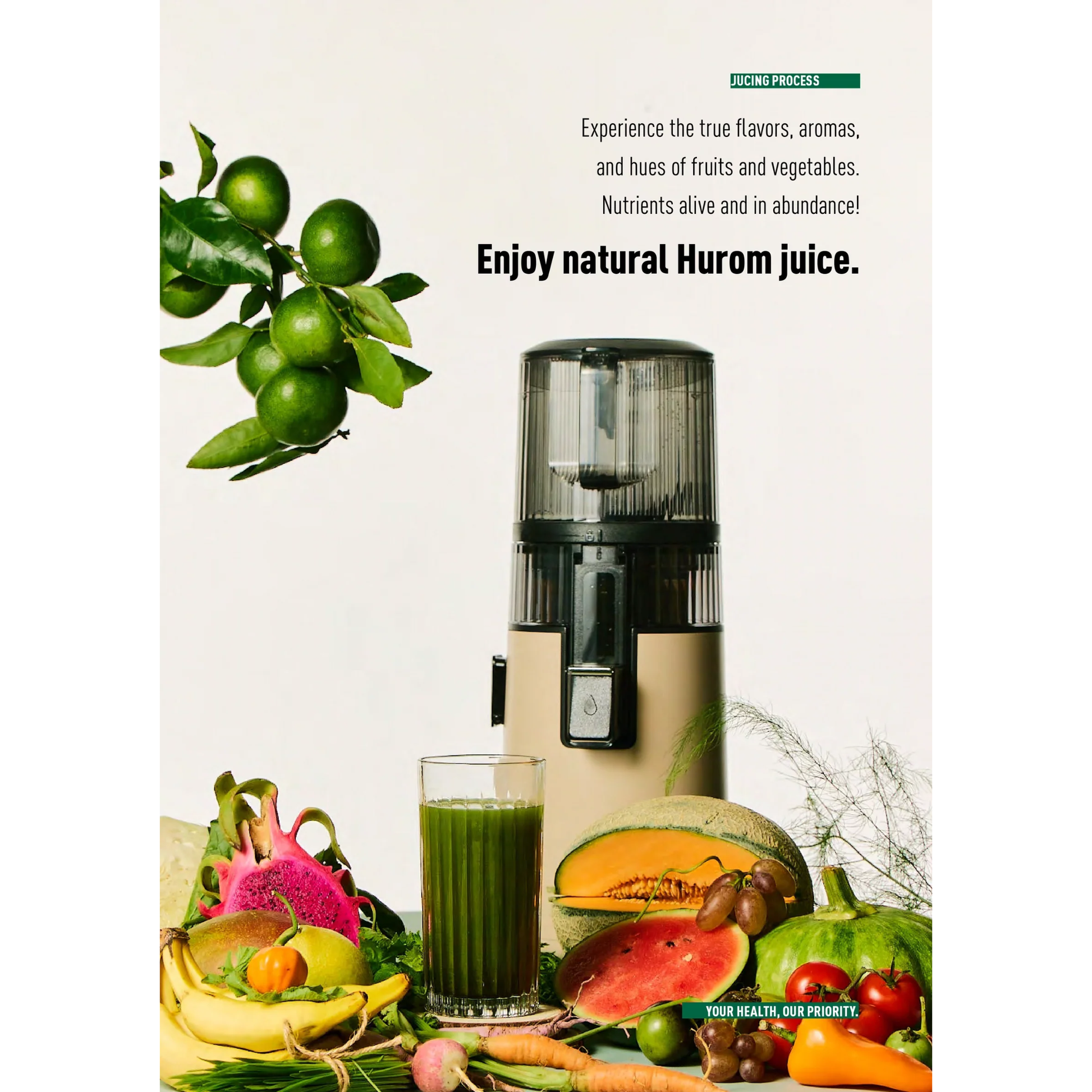 Hurom H410 Easy Series slow juicer with glass of green juice and colorful fruits under message enjoy natural Hurom juice with true flavors and nutrients.