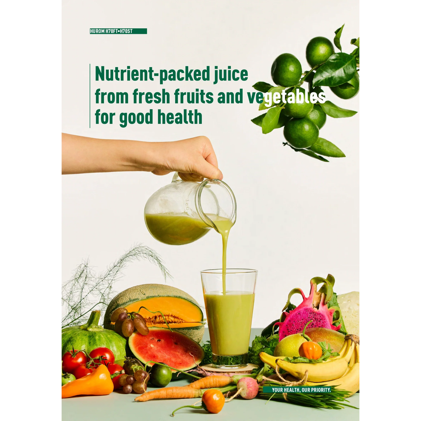 Hand pouring green juice from jug into glass surrounded by fresh fruits and vegetables with text about nutrient-packed juice for good health.