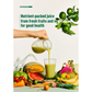 Hand pouring green juice from jug into glass surrounded by fresh fruits and vegetables with text about nutrient-packed juice for good health.