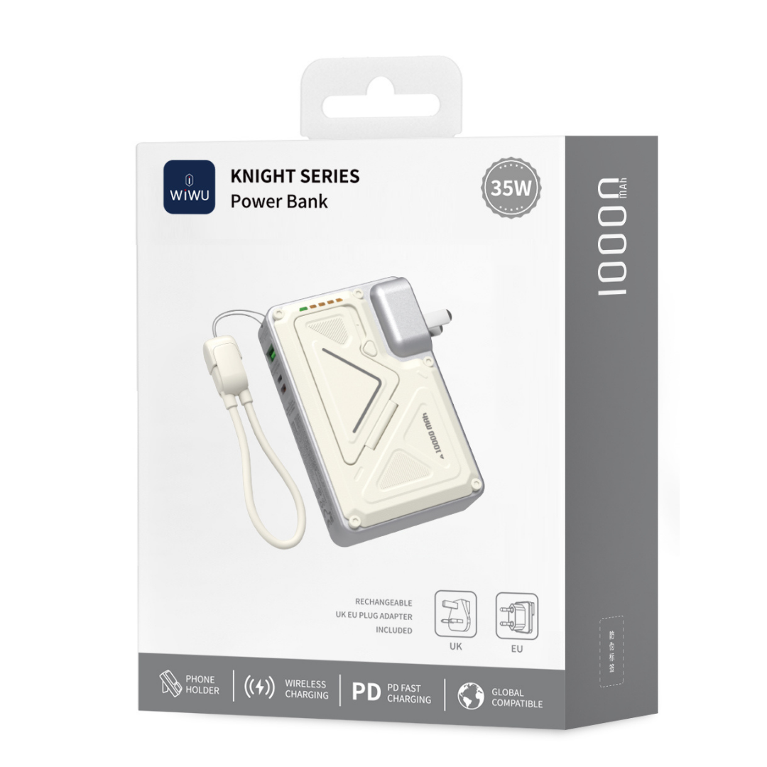 WiWU Knight 10000mAh power bank with UK and EU plug adapters, 35W fast charging, foldable phone holder, and travel-friendly packaging