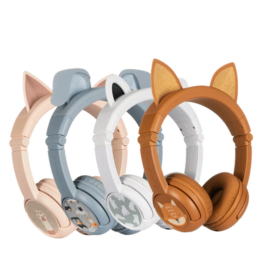 Four pairs of children’s headphones with animal ear designs in pastel pink, blue, white, and brown, each featuring unique animal-themed illustrations on the earcups, displayed in a row on a white background